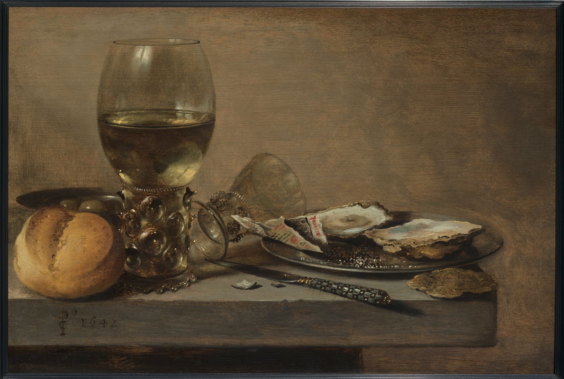 Still Life with a Bread Roll, a Roemer and Oysters, Pieter Claesz