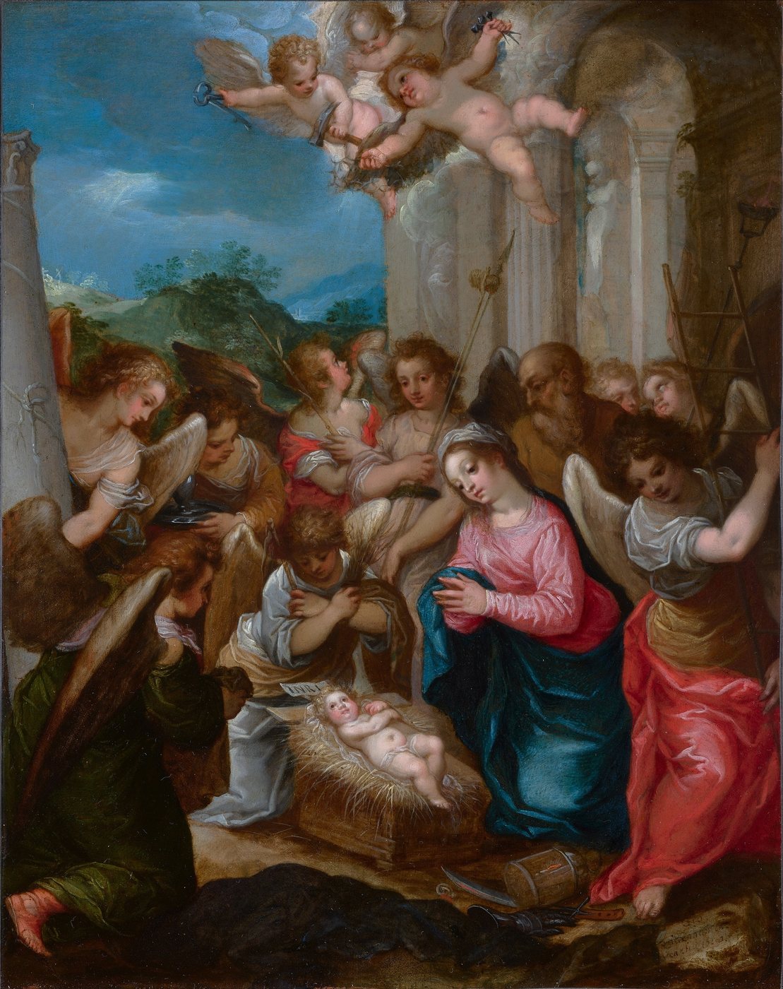 The Adoration of the Christ Child with Angels Carrying the Arma Christi, Hans Rottenhammer